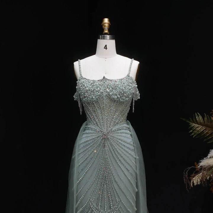Sparkly Sage Green Evening Dress with Crystal Corset Overskirt SS121