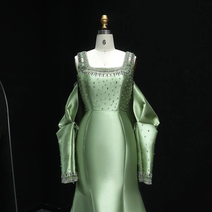Luxury Khaki Satin Evening Gown with Beaded Bodice Detached Long Sleeves SS574