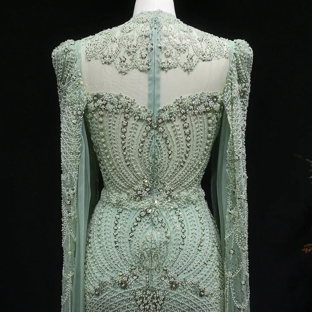 Blue Arabic Style Beaded Evening Dress with High Neck SS079