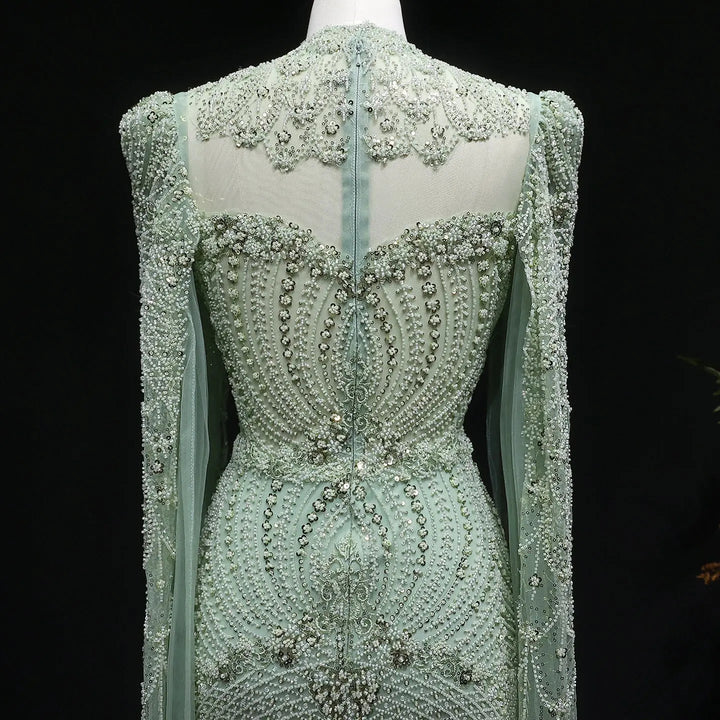 Blue Arabic Style Beaded Evening Dress with High Neck SS079