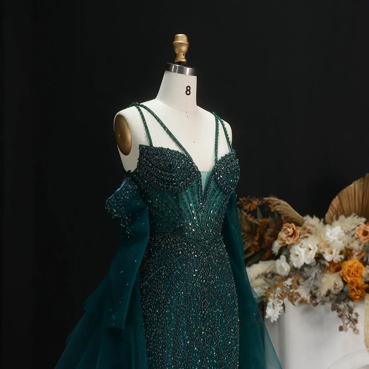 Elegant Off-Shoulder Evening Gown with Beaded Bodice Layered Tulle Train SS123