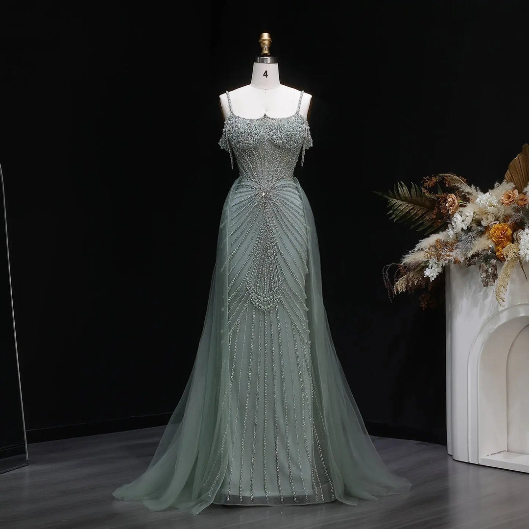 Sparkly Sage Green Evening Dress with Crystal Corset Overskirt SS121