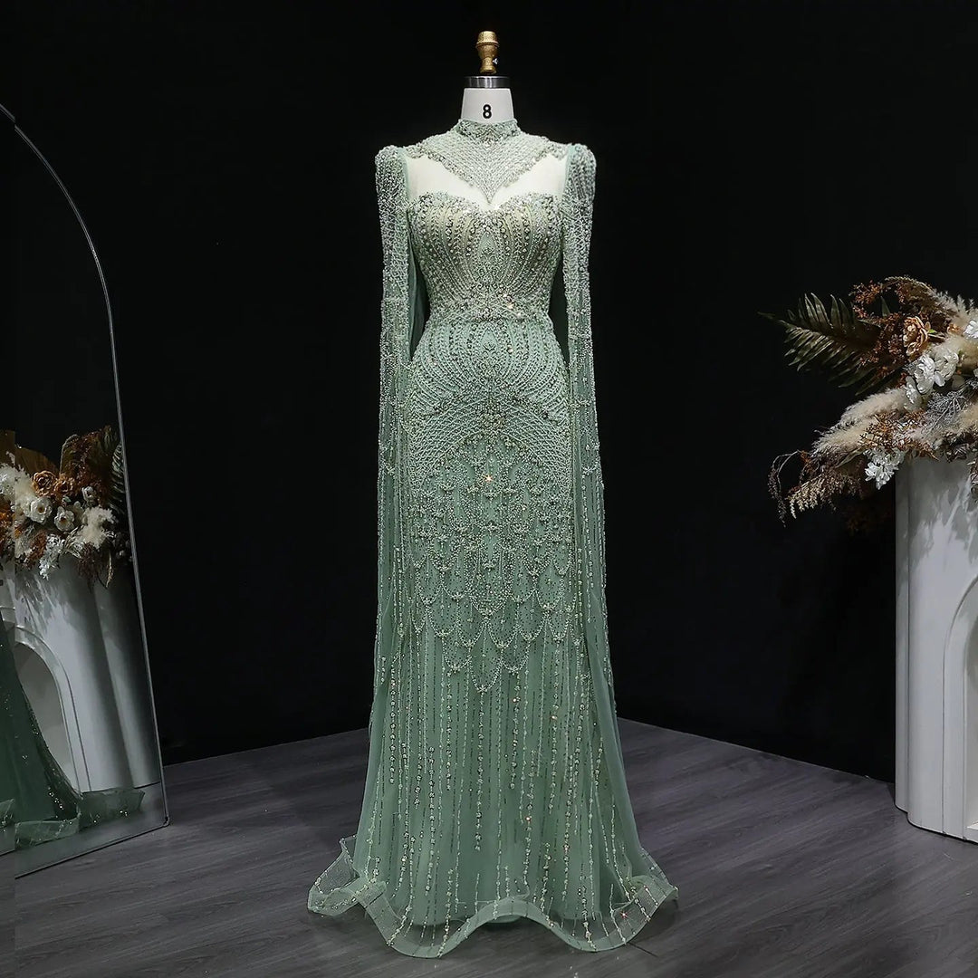 Blue Arabic Style Beaded Evening Dress with High Neck SS079