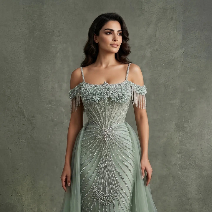 Sparkly Sage Green Evening Dress with Crystal Corset Overskirt SS121