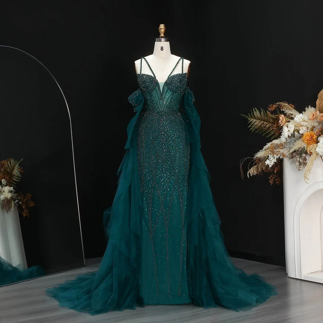 Elegant Off-Shoulder Evening Gown with Beaded Bodice Layered Tulle Train SS123