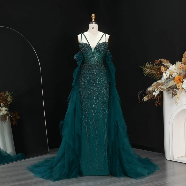 Elegant Off-Shoulder Evening Gown with Beaded Bodice Layered Tulle Train SS123