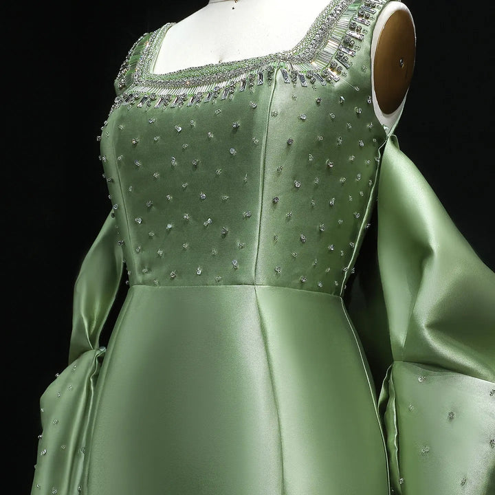 Luxury Khaki Satin Evening Gown with Beaded Bodice Detached Long Sleeves SS574