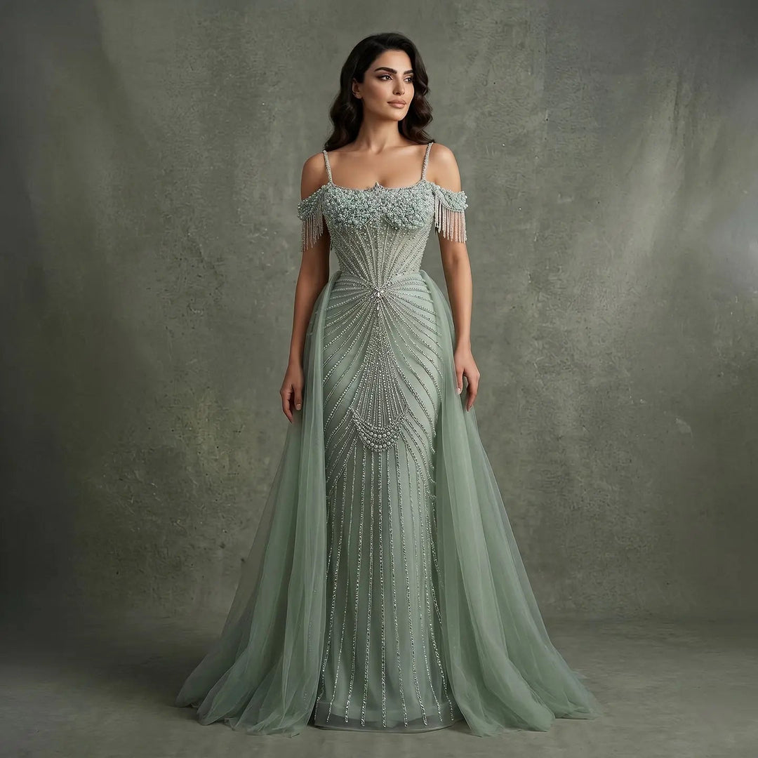 Sparkly Sage Green Evening Dress with Crystal Corset Overskirt SS121 DreamyVow Sparkly Sage Green Evening Dress with Crystal Corset Overskirt SS121 DreamyVow