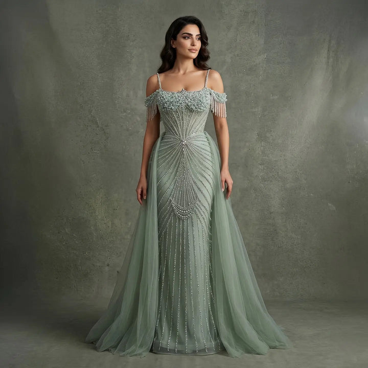 Sparkly Sage Green Evening Dress with Crystal Corset Overskirt SS121