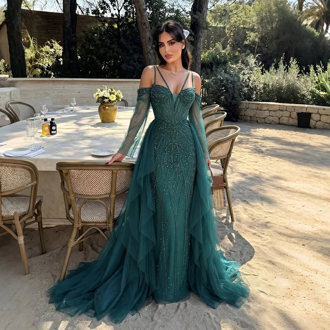 Elegant Off-Shoulder Evening Gown with Beaded Bodice Layered Tulle Train SS123