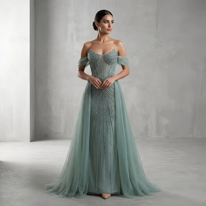 Luxury Pink Crystal Off-Shoulder Evening Dress With Overskirt SS120