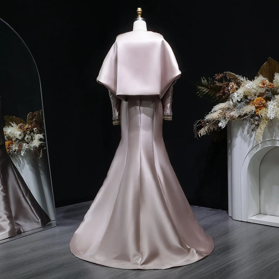 Luxury Khaki Satin Evening Gown with Beaded Bodice Detached Long Sleeves SS574