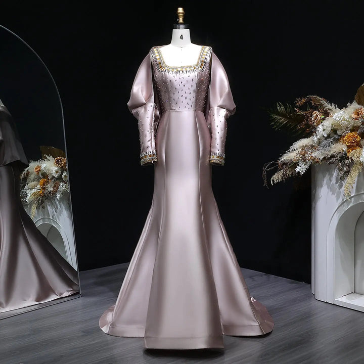 Luxury Khaki Satin Evening Gown with Beaded Bodice Detached Long Sleeves SS574