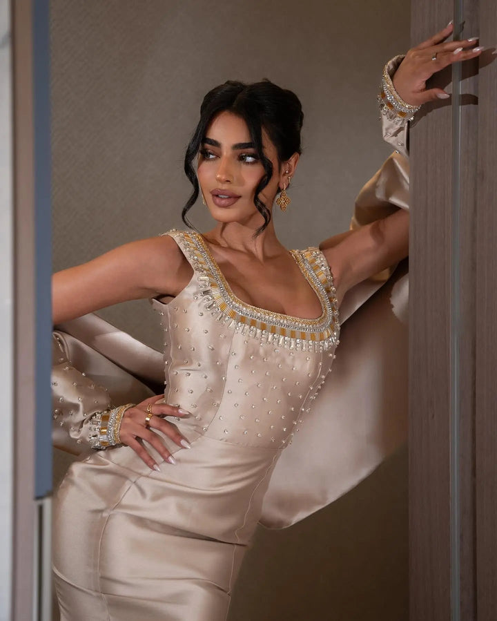 Luxury Khaki Satin Evening Gown with Beaded Bodice Detached Long Sleeves SS574
