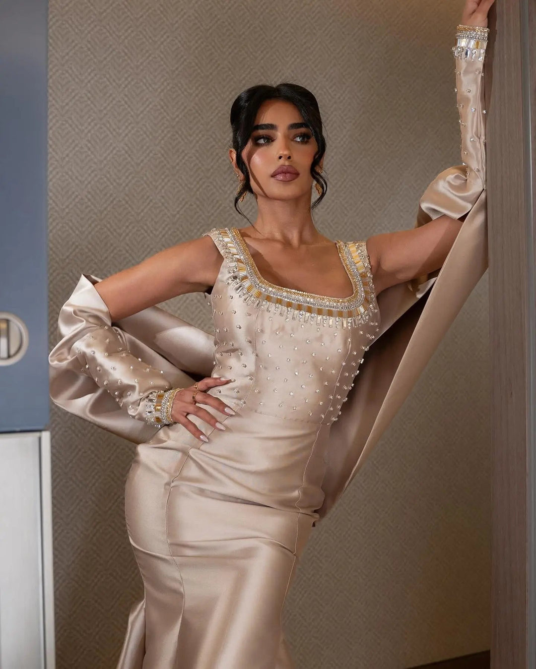 Luxury Khaki Satin Evening Gown with Beaded Bodice Detached Long Sleeves SS574