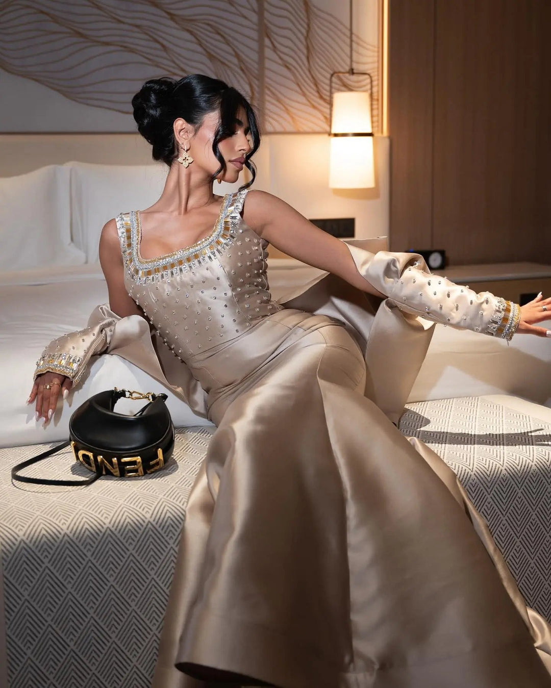Luxury Khaki Satin Evening Gown with Beaded Bodice Detached Long Sleeves SS574