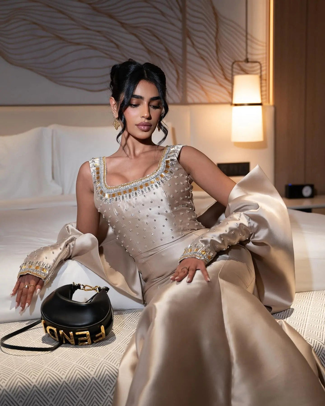 Luxury Khaki Satin Evening Gown with Beaded Bodice Detached Long Sleeves SS574
