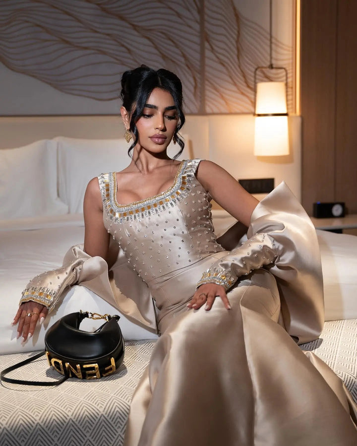 Luxury Khaki Satin Evening Gown with Beaded Bodice Detached Long Sleeves SS574