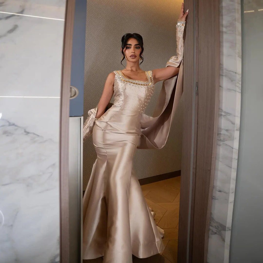 Luxury Khaki Satin Evening Gown with Beaded Bodice Detached Long Sleeves SS574