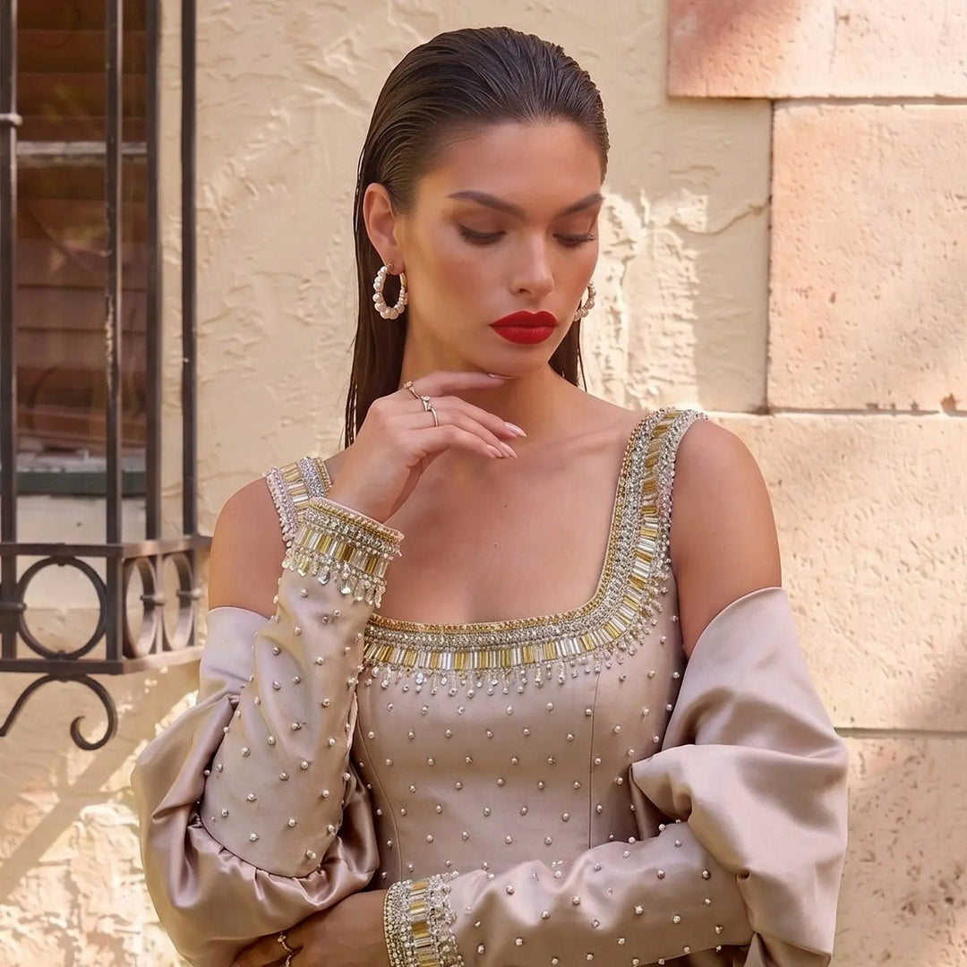 Luxury Khaki Satin Evening Gown with Beaded Bodice Detached Long Sleeves SS574
