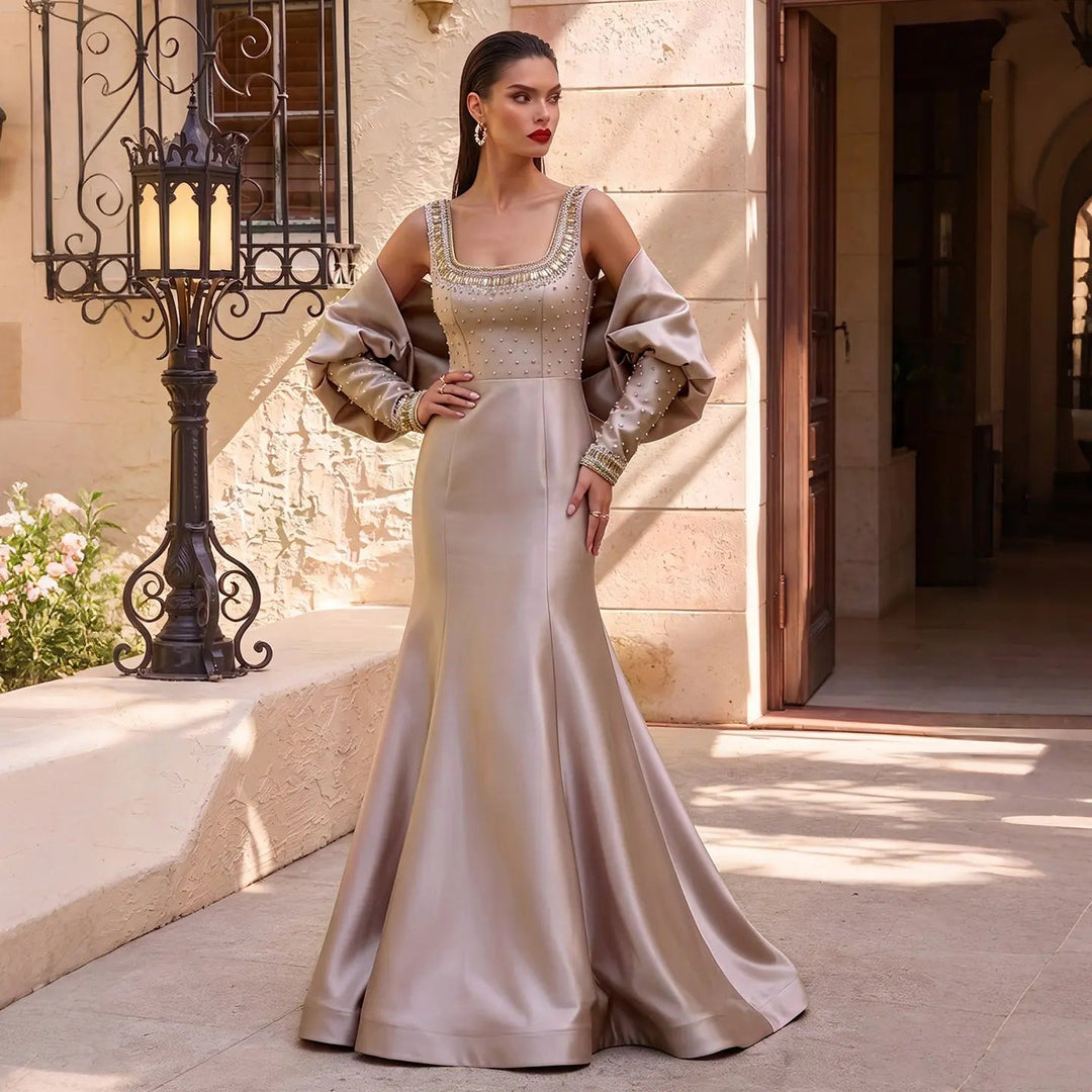 Luxury Khaki Satin Evening Gown with Beaded Bodice Detached Long Sleeves SS574