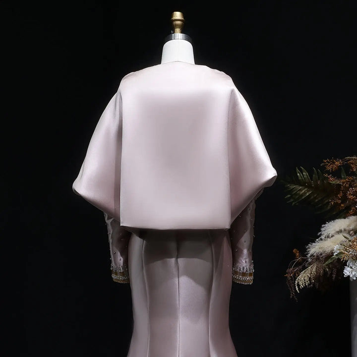 Luxury Khaki Satin Evening Gown with Beaded Bodice Detached Long Sleeves SS574