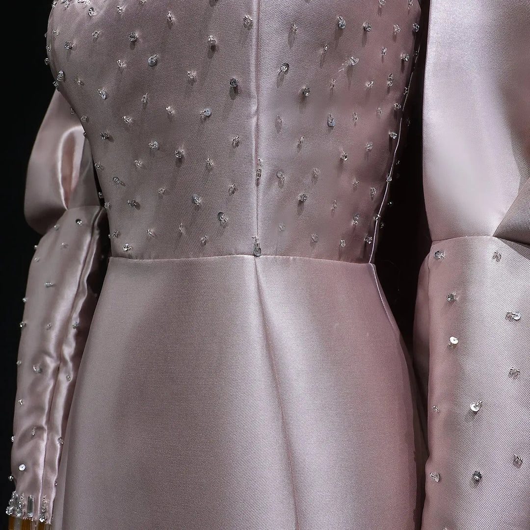 Luxury Khaki Satin Evening Gown with Beaded Bodice Detached Long Sleeves SS574