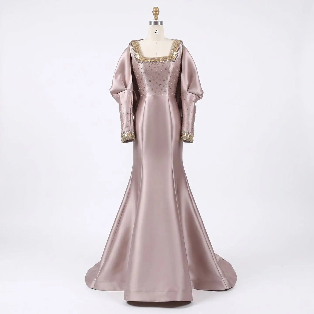 Luxury Khaki Satin Evening Gown with Beaded Bodice Detached Long Sleeves SS574