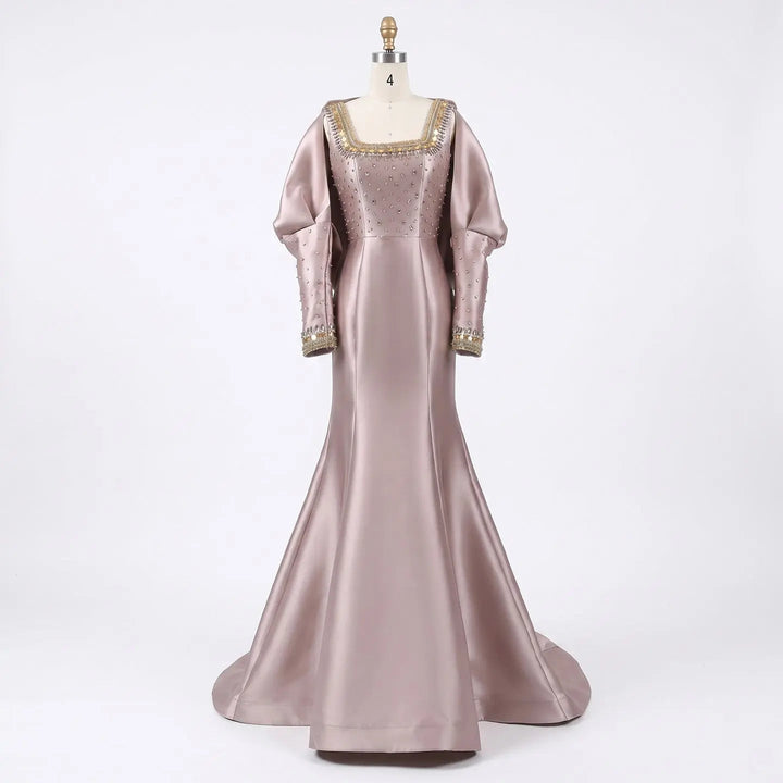 Luxury Khaki Satin Evening Gown with Beaded Bodice Detached Long Sleeves SS574