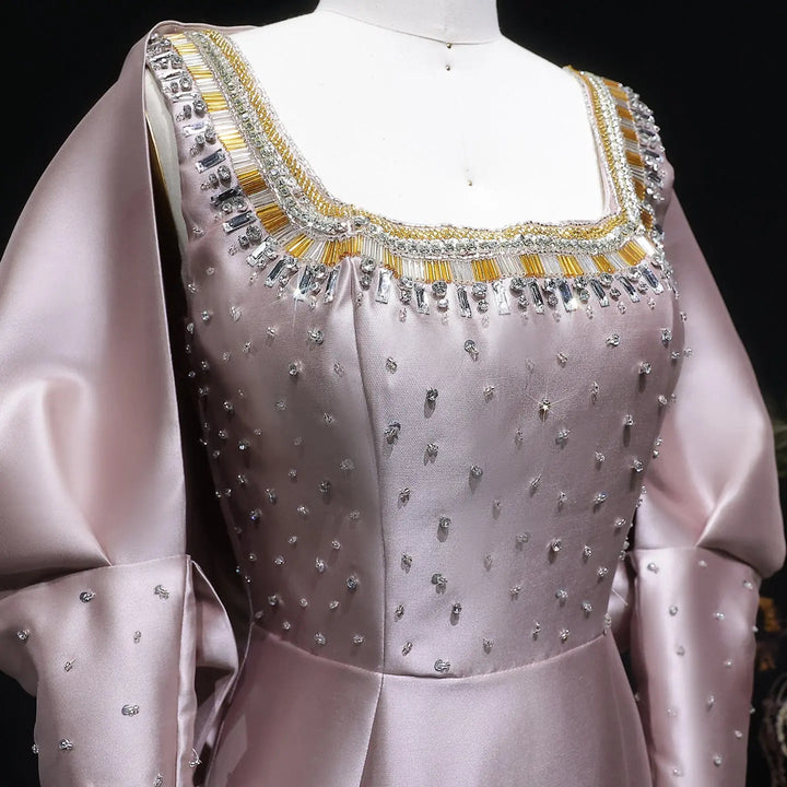 Luxury Khaki Satin Evening Gown with Beaded Bodice Detached Long Sleeves SS574