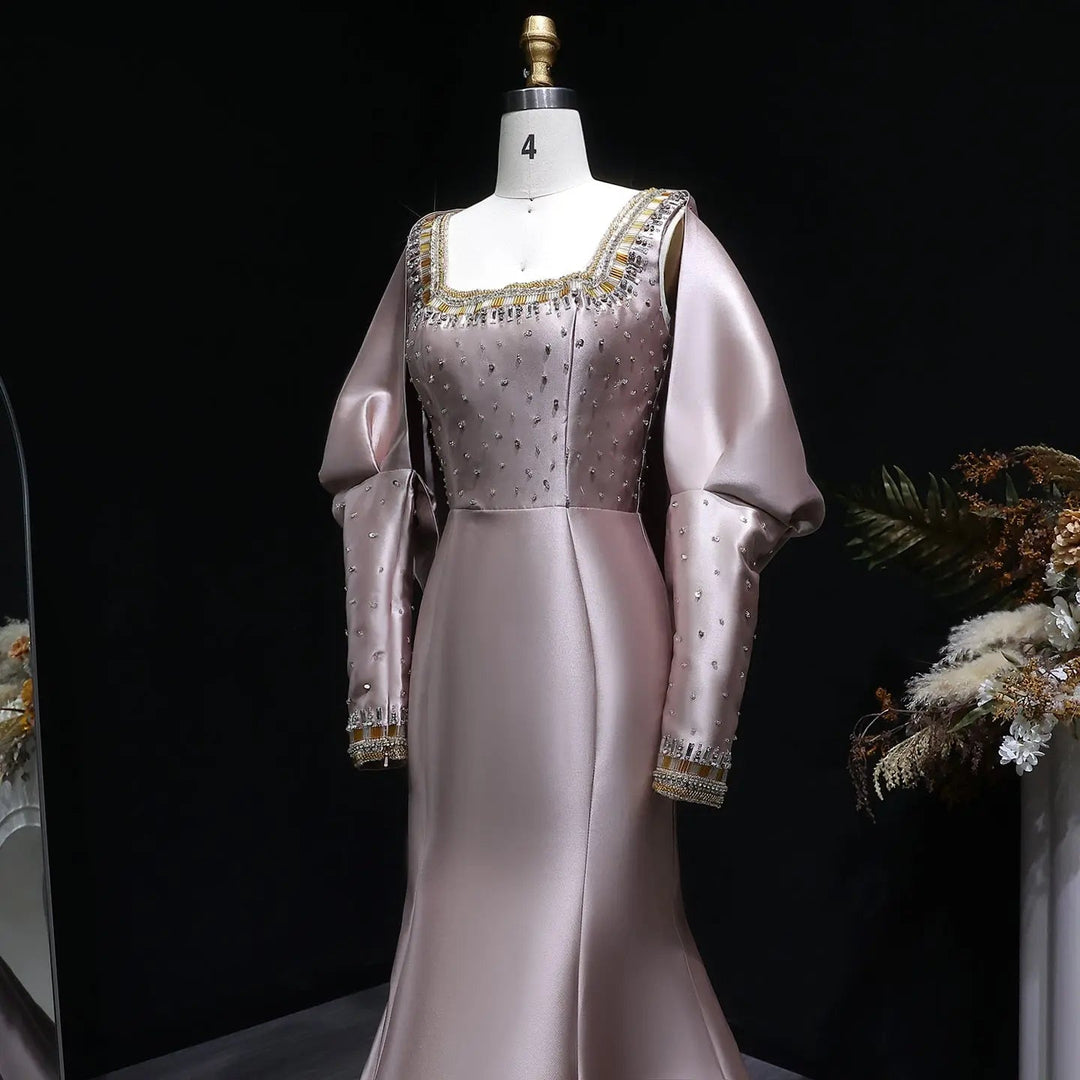 Luxury Khaki Satin Evening Gown with Beaded Bodice Detached Long Sleeves SS574