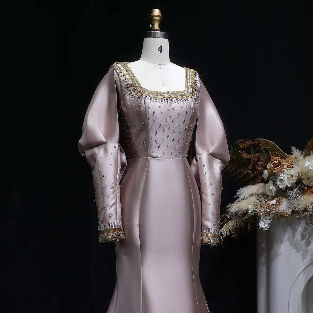 Luxury Khaki Satin Evening Gown with Beaded Bodice Detached Long Sleeves SS574