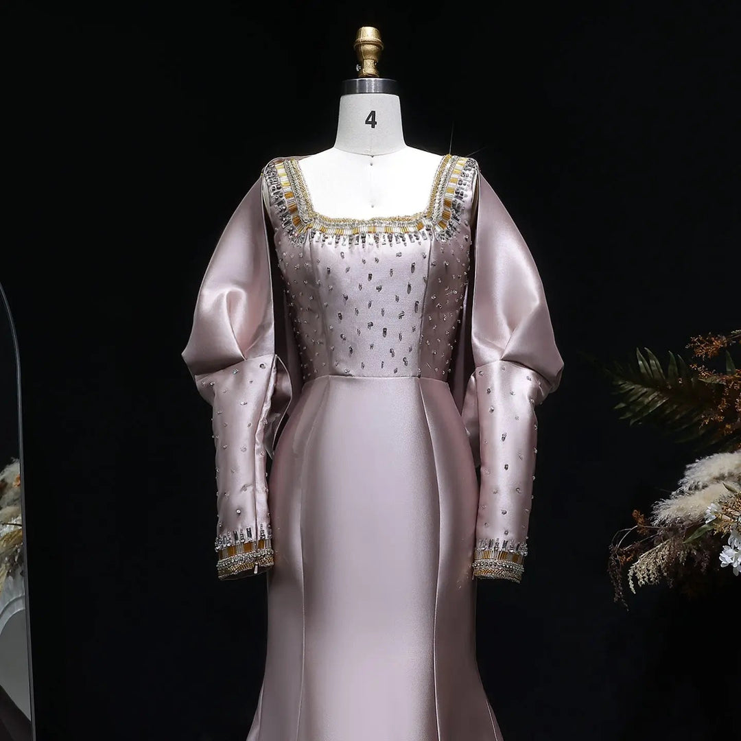 Luxury Khaki Satin Evening Gown with Beaded Bodice Detached Long Sleeves SS574