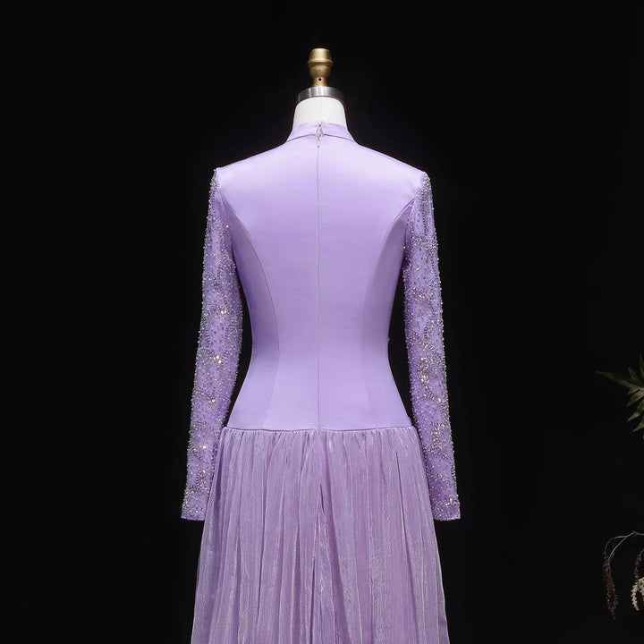 Modest Sparkly Lilac Evening Dress with Long Beads SS786