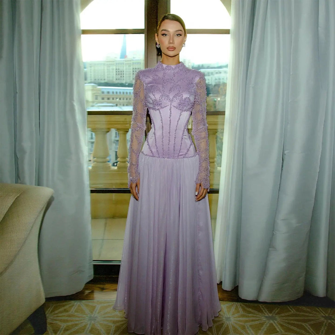 Modest Sparkly Lilac Evening Dress with Long Beads SS786 DreamyVow Modest Sparkly Lilac Evening Dress with Long Beads SS786 DreamyVow