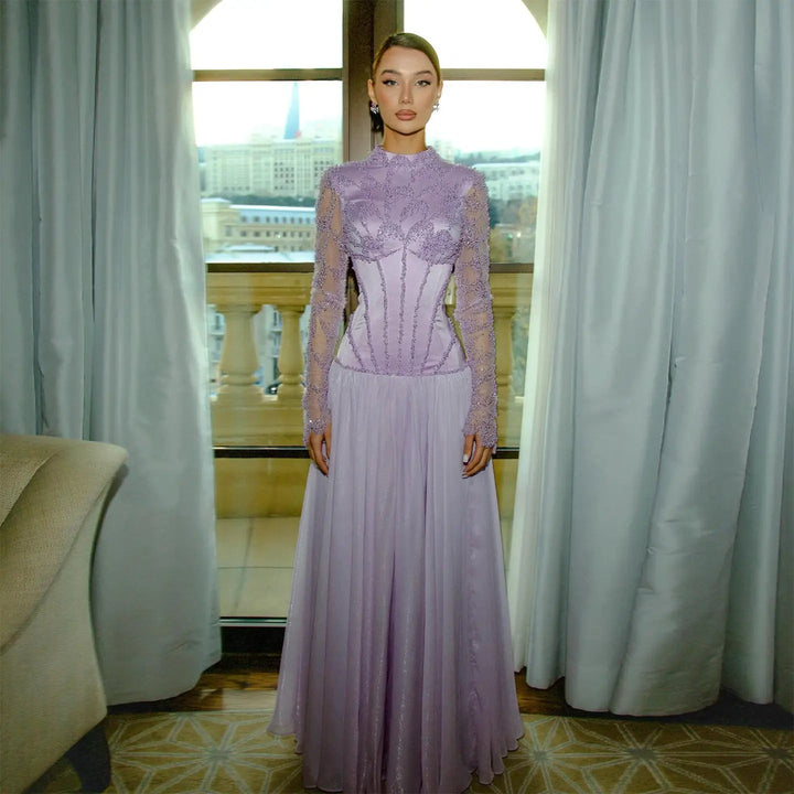 Modest Sparkly Lilac Evening Dress with Long Beads SS786