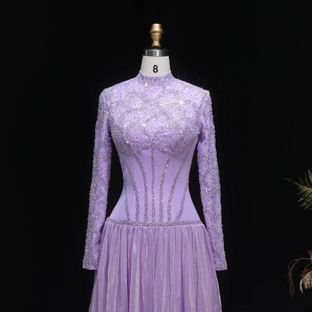 Modest Sparkly Lilac Evening Dress with Long Beads SS786