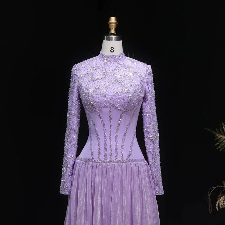Modest Sparkly Lilac Evening Dress with Long Beads SS786