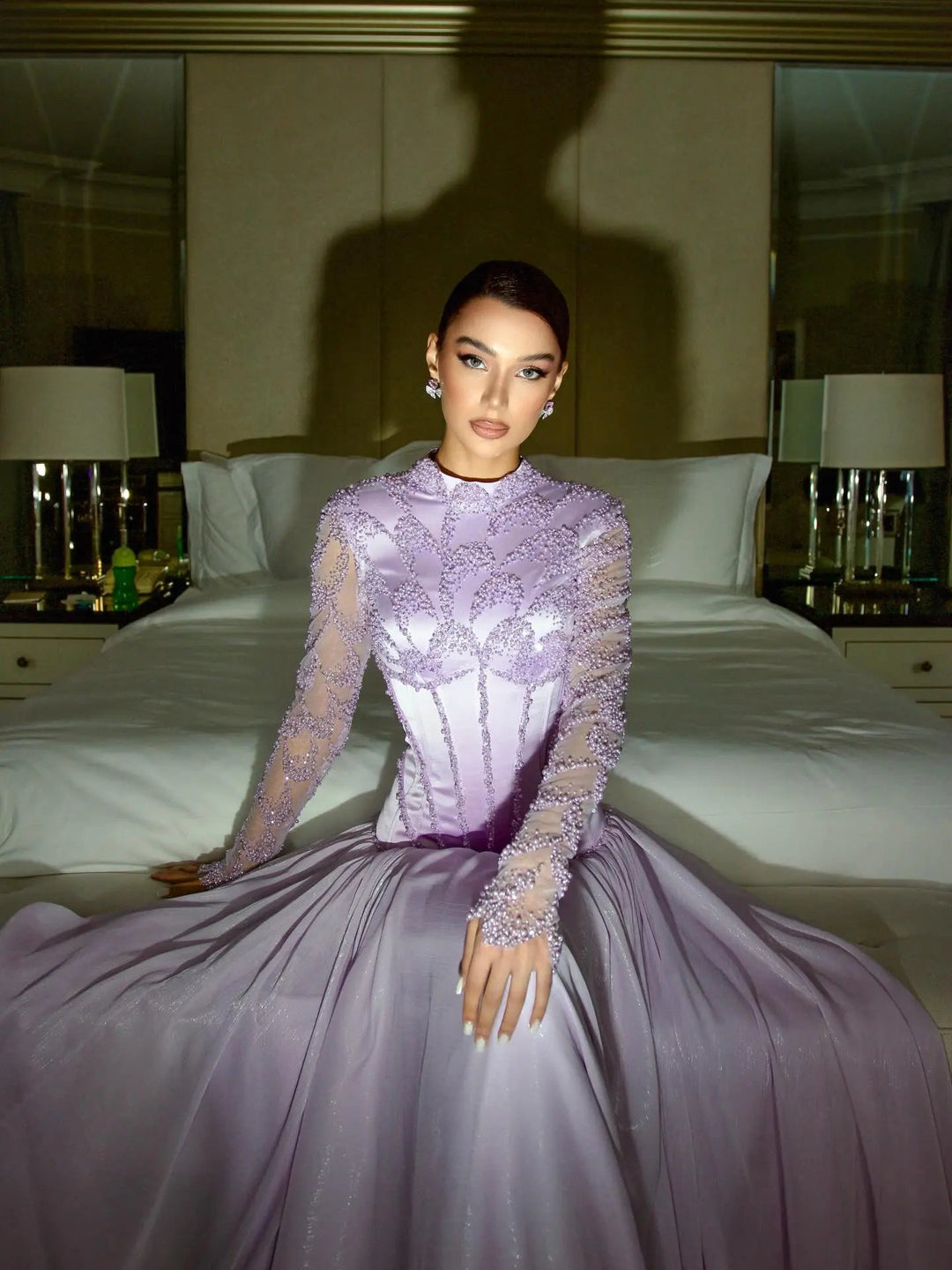 Modest Sparkly Lilac Evening Dress with Long Beads SS786