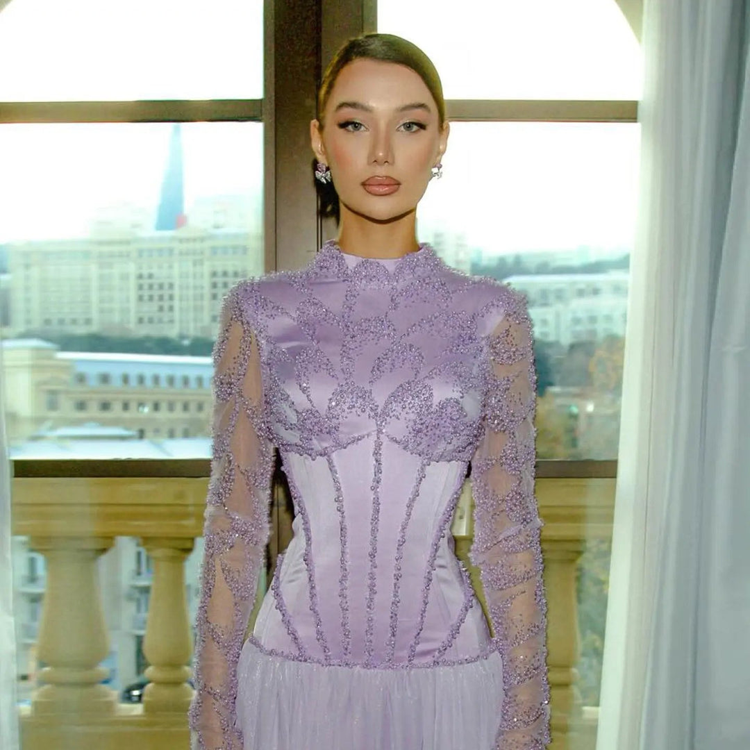 Modest Sparkly Lilac Evening Dress with Long Beads SS786