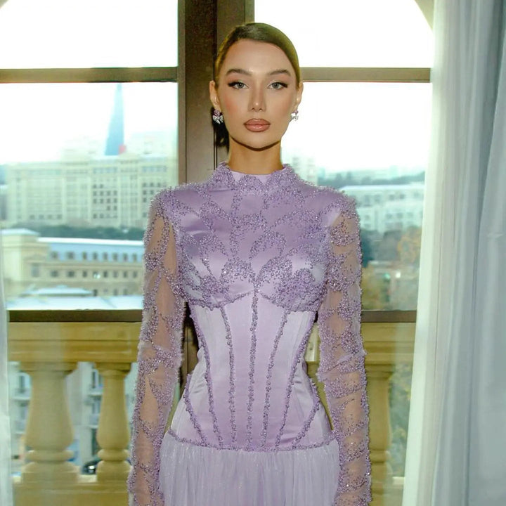 Modest Sparkly Lilac Evening Dress with Long Beads SS786