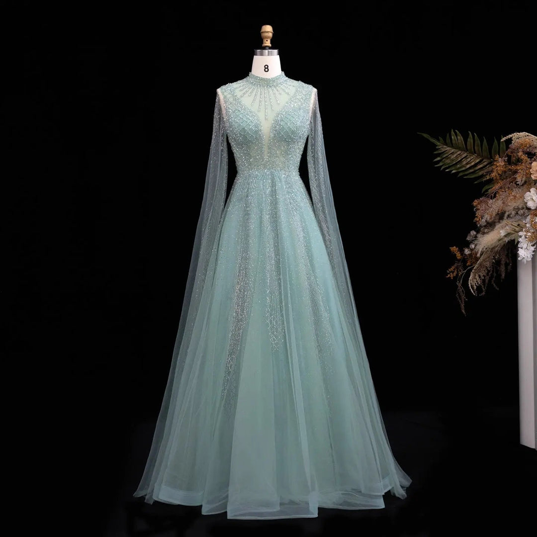 Luxury Crystal Beaded High Neck Cape Sleeve A-Line Tulle Evening Gown SS060