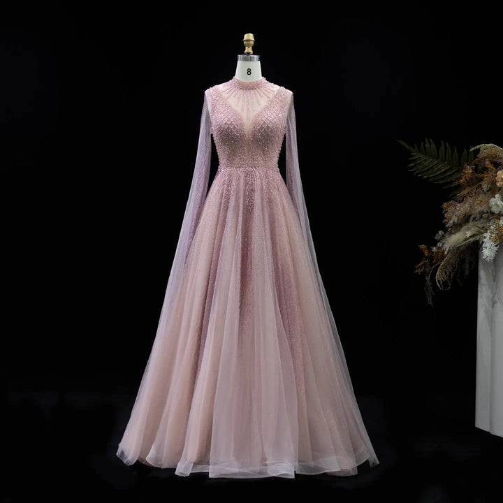 Luxury Crystal Beaded High Neck Cape Sleeve A-Line Tulle Evening Gown SS060