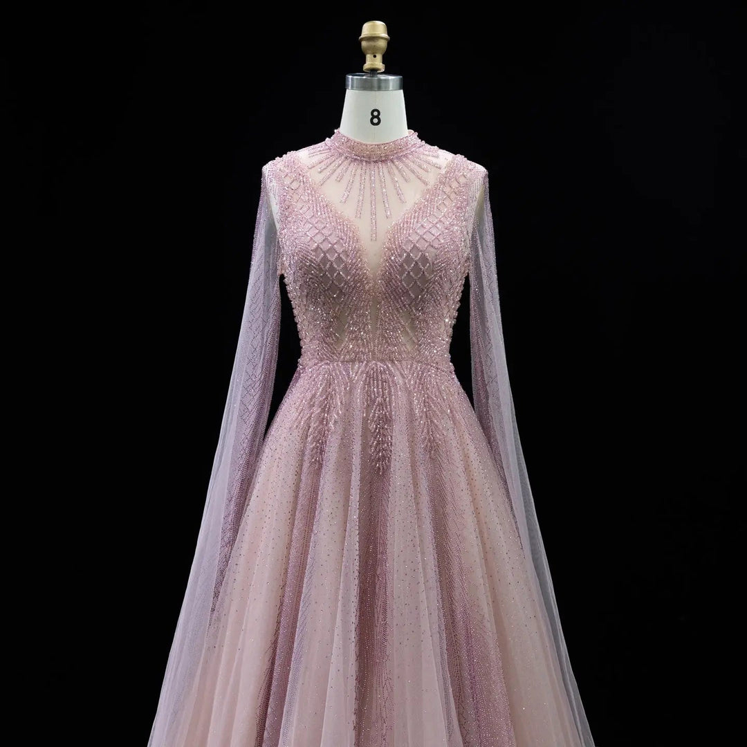 Luxury Crystal Beaded High Neck Cape Sleeve A-Line Tulle Evening Gown SS060
