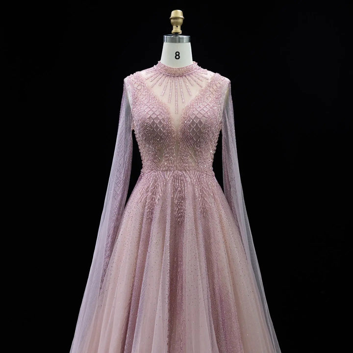 Luxury Crystal Beaded High Neck Cape Sleeve A-Line Tulle Evening Gown SS060