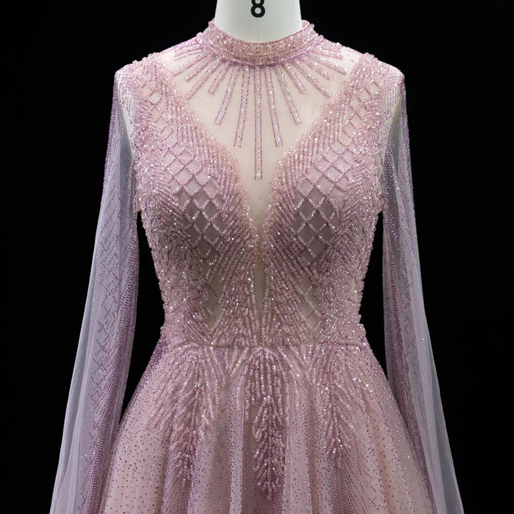 Luxury Crystal Beaded High Neck Cape Sleeve A-Line Tulle Evening Gown SS060