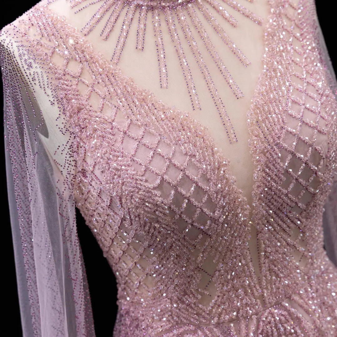 Luxury Crystal Beaded High Neck Cape Sleeve A-Line Tulle Evening Gown SS060