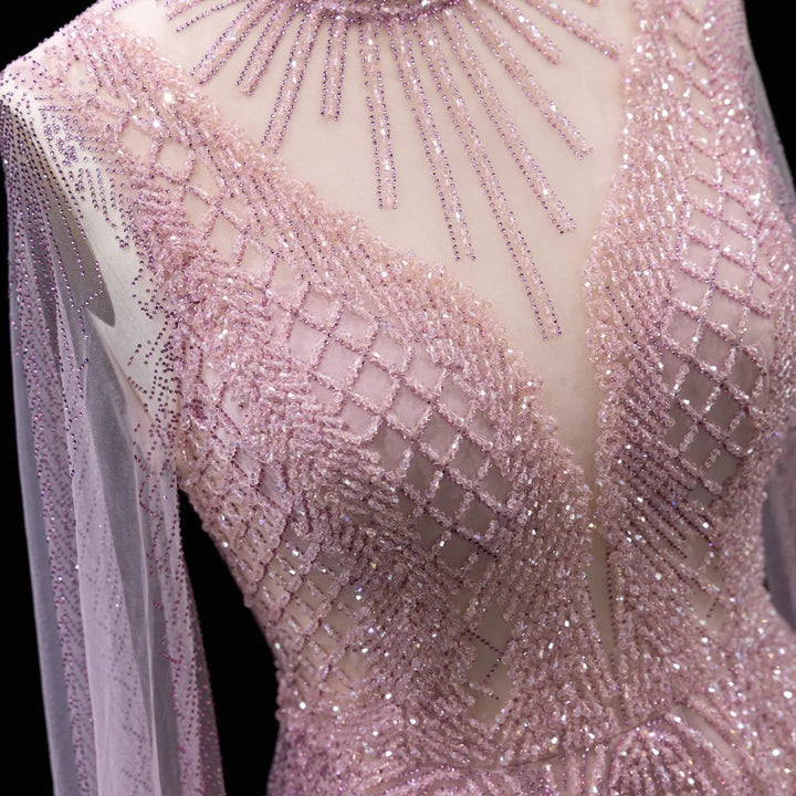 Luxury Crystal Beaded High Neck Cape Sleeve A-Line Tulle Evening Gown SS060