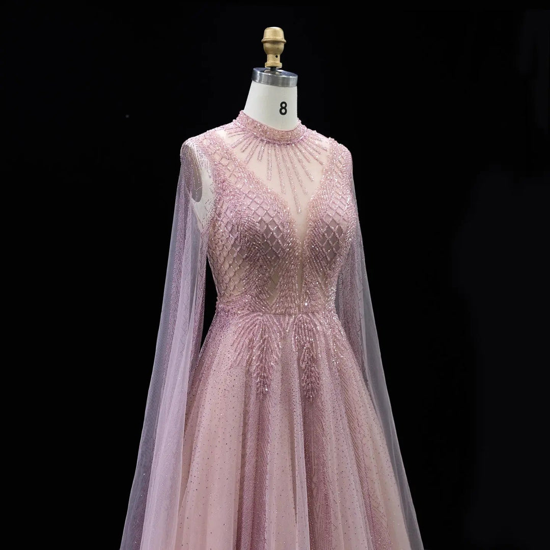 Luxury Crystal Beaded High Neck Cape Sleeve A-Line Tulle Evening Gown SS060
