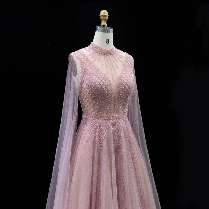 Luxury Crystal Beaded High Neck Cape Sleeve A-Line Tulle Evening Gown SS060